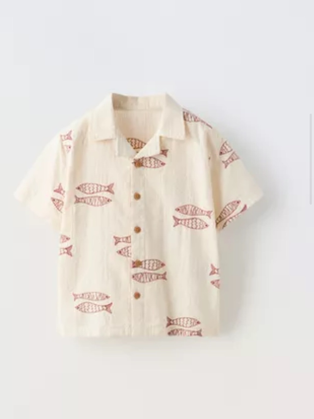ZARA Kids Cream Short-Sleeve Button-Up Shirt with Red Fish Print